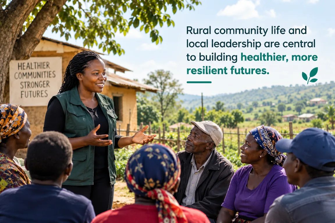 A community health leader speaks with residents beneath a tree in a rural Kenyan village